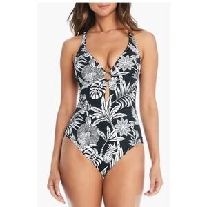 Cross Back One-Piece SwimsuitBLEU by Rod Beattie Black White Floral Size 8 NWOT